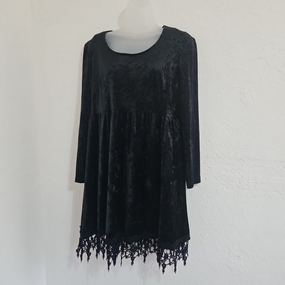 CDC Petites Black Crushed Velvet Mini Dress Witchy Whimsigoth Dark Fairy Lace